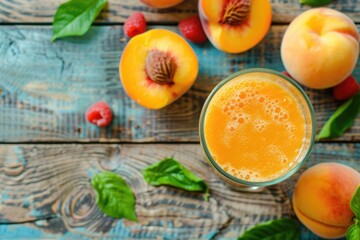 Refreshing Peach Smoothie with Fresh Fruit on Wooden Background. Top View of Antioxidant-Rich - obrazy, fototapety, plakaty