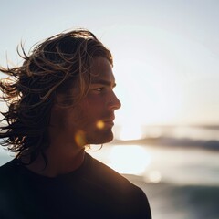 An Australian surfer with the ocean waves blurred behind him, his face lit by the morning sun