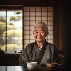 A Japanese tea master in a traditional tea room, with the calm setting softly blurred behind her serene expression