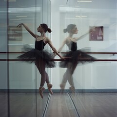 A professional ballet dancer in a rehearsal room, the mirrored walls and barre softly blurred behind her poised stance