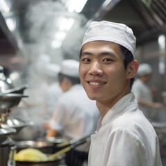 A young Asian chef in a bustling restaurant kitchen, focus on his smiling face with steaming pots and pans blurred in the background