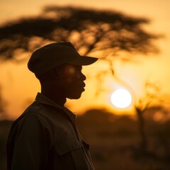 A South African safari guide in front of a blurred sunset landscape with silhouettes of acacia trees