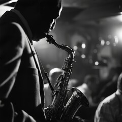 An American jazz musician in a club, his saxophone and the intimate audience blurred behind his cool demeanor