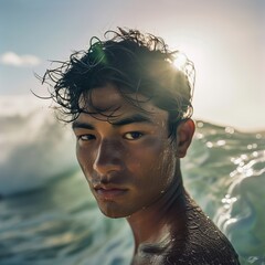 An Australian surfer with the ocean waves blurred behind him, his face lit by the morning sun