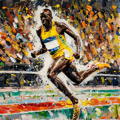 Painting of man running on track in yellow shirt and black pants. - obrazy, fototapety, plakaty