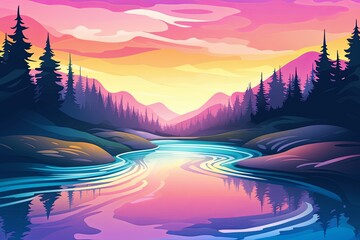 Winding River Reflection Gradients - Glowing Background Serenity - obrazy, fototapety, plakaty