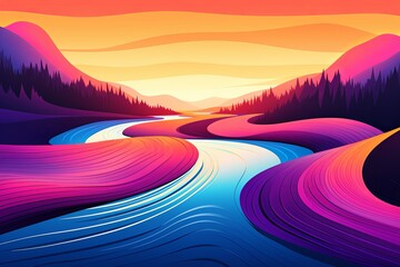Winding River Reflection Gradients Festival Wallpaper: Spectacular River Artwork - obrazy, fototapety, plakaty