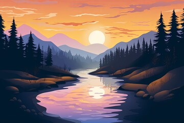Winding River Reflection Gradients Graphic Illustration: Serene River Bend Beauty - obrazy, fototapety, plakaty