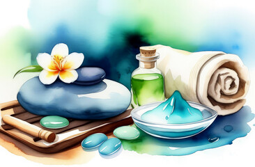 watercolor illustration of a spa salon,beauty salon,stones,oils
