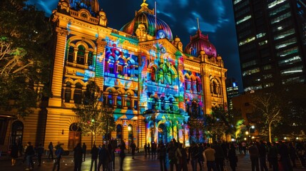 An iconic landmark building illuminated by a dazzling light show, drawing crowds of spectators to witness the spectacle and marvel at the beauty of cityscape illumination.