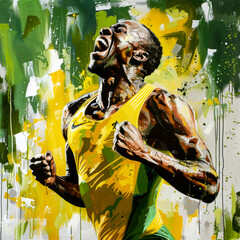 Painting of man holding soccer ball in his right hand and yellow shirt on his left. - obrazy, fototapety, plakaty