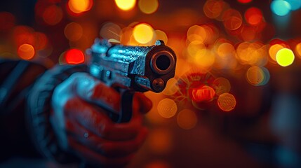Image of a gun with the trigger pulled, ready to fire, on a dark background. - obrazy, fototapety, plakaty