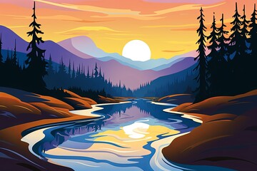 Winding River Bend Reflections: Gradient Graphic Illustration - obrazy, fototapety, plakaty