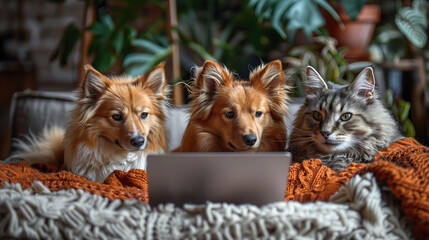 Dogs and cats are looking at the open laptop screen on the table.