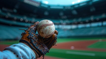 Portrait of a baseball player who wears gloves to catch a baseball ball On the background of a baseball stadium Bright with a spotlight