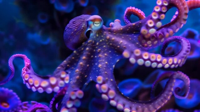 Striking purple octopus rests gracefully among glowing indigo coral structures adorned with intricate bioluminescent organisms, creating an otherworldly yet serene deep sea scene.
