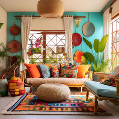 living room interior.a boho-style lounge room with an eclectic design aesthetic. The composition should highlight the room's relaxed vibe, with an eclectic mix of furniture, vibrant colors, and artist