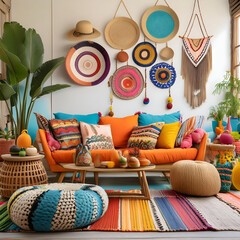 a boho-style lounge room with an eclectic design aesthetic. The composition should highlight the room's relaxed vibe, with an eclectic mix of furniture, vibrant colors, and artistic decor elements cre