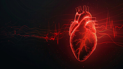 A human heart, with an electrocardiogram graph overlaid, presented against a stark black backdrop
