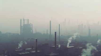 An industrial area shrouded in haze and smog, depicting the consequences of unchecked air pollution