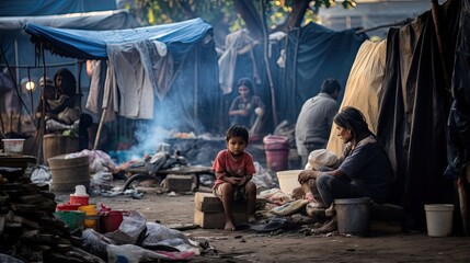 An impoverished family lives in temporary shelter on street. South, poverty, devastation, tents, garbage everywhere, not life but survival. Poverty in third world countries concept. Generative by AI