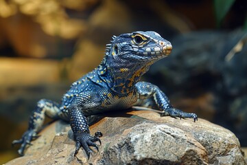 Monitor Lizard: Climbing on rocks with textured skin, depicting its terrestrial habitat. - obrazy, fototapety, plakaty