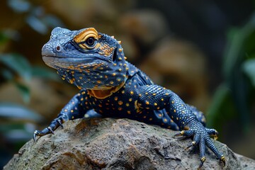 Monitor Lizard: Climbing on rocks with textured skin, depicting its terrestrial habitat. - obrazy, fototapety, plakaty