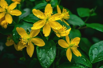 Closeup of Yellow Hypericum Flowering Plant, a Medicative Antidepressant with Green Leaves 
