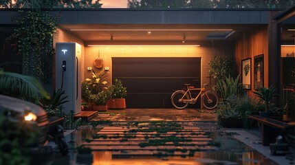 Alternative energy storage system elegantly integrated into a home garage, AI Generative - obrazy, fototapety, plakaty