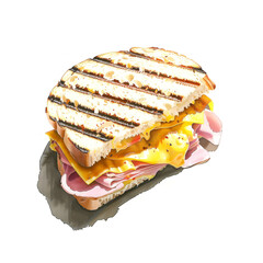 Watercolor illustration of panini with cheese and ham on white background - obrazy, fototapety, plakaty