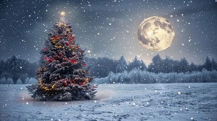 An enchanting winter landscape where a pristine snowfield sparkles under the light of a full moon, with a decorated Christmas tree standing proudly in the foreground, AI Generative - obrazy, fototapety, plakaty