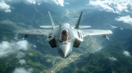 An overhead view of an F35 flying in the sky with clouds and a cockpit visible , AI Generative - obrazy, fototapety, plakaty