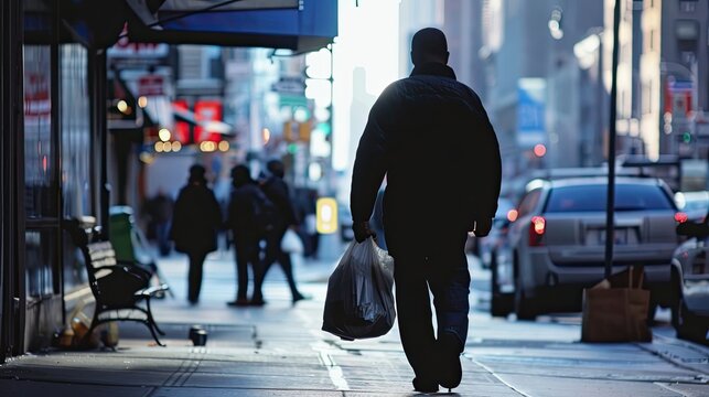 Low-wage workers face challenges of poverty despite working. Lonely poor man in a crowded city. Poverty, sadness, cityscape, man with a package, benefits. Generative by AI