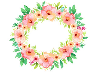 Colorful round flower frame Pink flowers and green leaves on white background