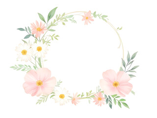 Colorful round flower frame made of pink peonies and green leaves. on a white background - obrazy, fototapety, plakaty