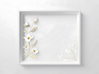 White frame with an arrangement of flowers and leaves on a white background. - obrazy, fototapety, plakaty