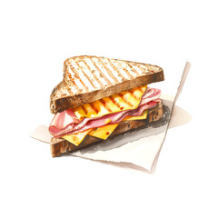 Watercolor illustration of panini with cheese and ham on white background