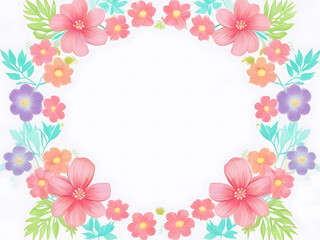 Delicate circles of pink flowers and green leaves on a white background. - obrazy, fototapety, plakaty
