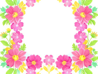 Square frame filled with various pink flowers and green leaves on a white background. - obrazy, fototapety, plakaty