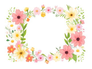 Delicate circles of pink flowers and green leaves on a white background. - obrazy, fototapety, plakaty