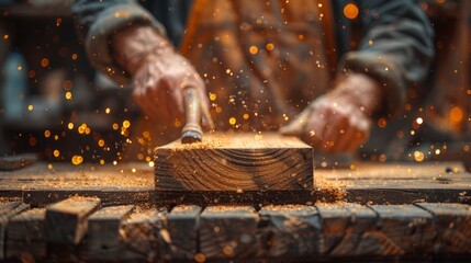 Artisan hands, wood sanding for furniture creation, workshop with rich wood scent, intricate tool display, focus on skilled hands, AI Generative - obrazy, fototapety, plakaty