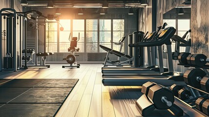 Modern gym in the hotel with professional equipment. Comfort, minimalist, tiles, marble, exercise equipment, luxury, treadmills. Advertising image concept for hotels. Generative by AI