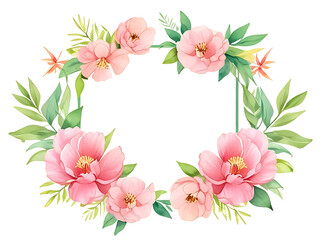 Round frame is made of colorful flowers in shades of pink, purple and yellow, accented with green leaves. on a white background - obrazy, fototapety, plakaty