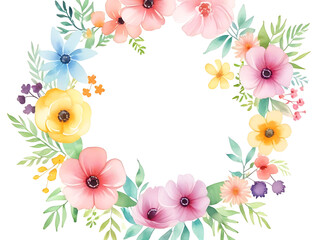 Round watercolor frame of a lively wreath composed of pale pink and purple flowers with lush leaves on a white background. - obrazy, fototapety, plakaty