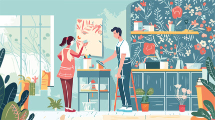 Man and woman glues wallpaper at home. Vector flat style - obrazy, fototapety, plakaty
