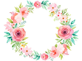 Round watercolor frame filled with pink, purple flowers and lush green leaves on a white background. - obrazy, fototapety, plakaty
