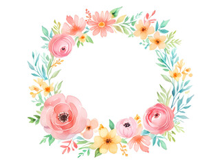 Round wooden frame filled with Various types of pink flowers and Lush tropical leaves, white background - obrazy, fototapety, plakaty