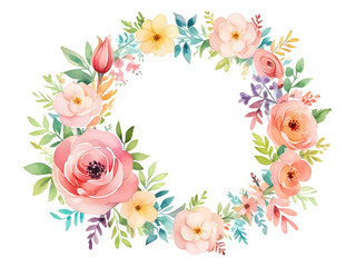 Round frame that creates a natural bouquet. Decorated with pink flowers and colorful tropical leaves white background - obrazy, fototapety, plakaty