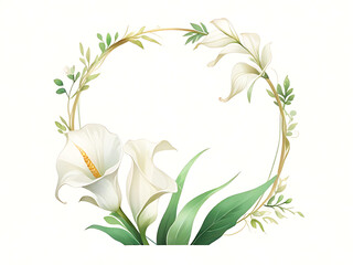 Round watercolor frame, lilies, delicate white flowers with lush green leaves on a white background. - obrazy, fototapety, plakaty
