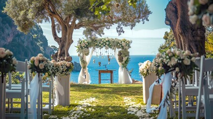 Outdoor venue for wedding ceremonies with a picturesque wedding altar and colorful landscape. Marriage, no one, petals, romance, nature. Concept of starting a life together. Generative by AI